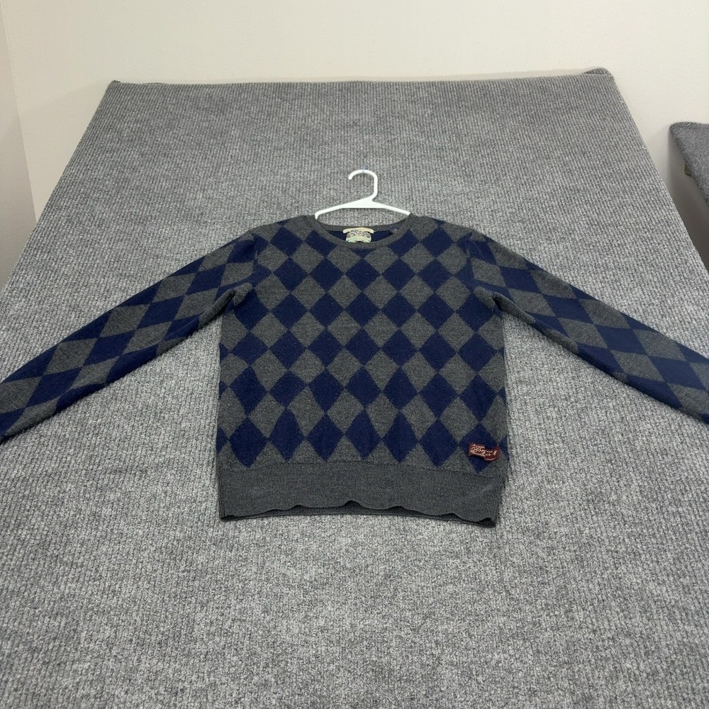 Scotch and Soda Sweater Men L Blue Grey Merino Wool Argyle Crewneck Preppy Style